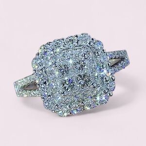 Stunning 925 Sterling Silver Square Micro Pave Encrusted CZ Engagement Ring